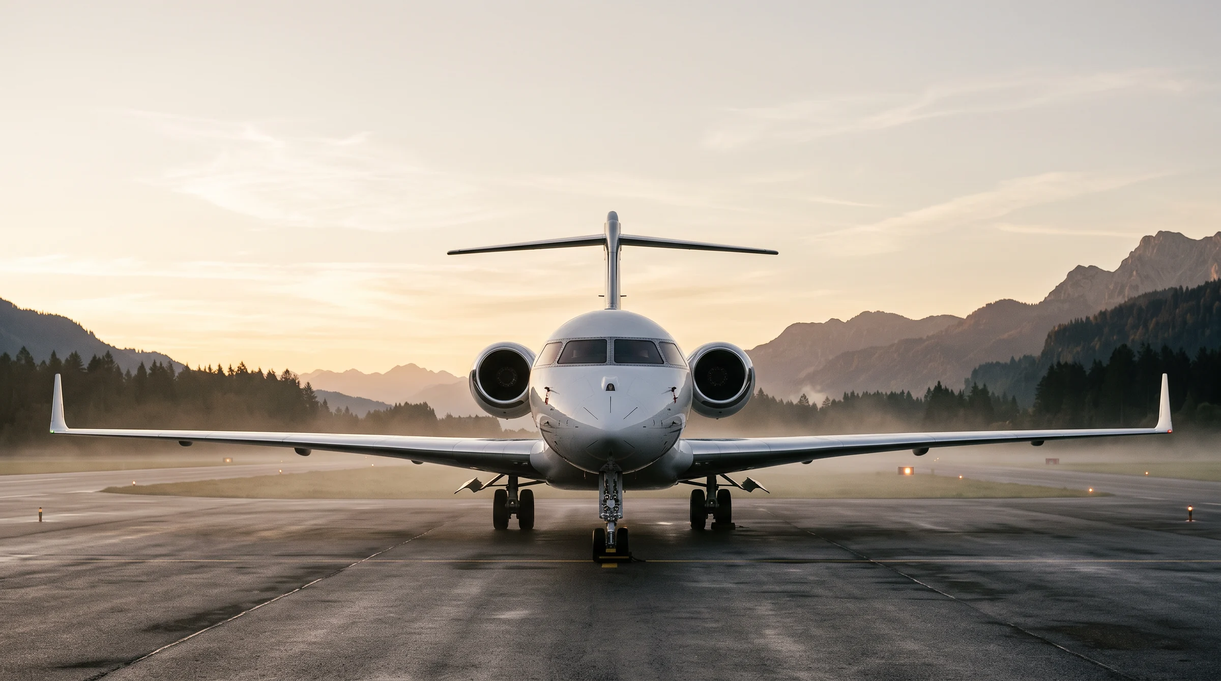 A white business jet at dawn on a misty mountain apron