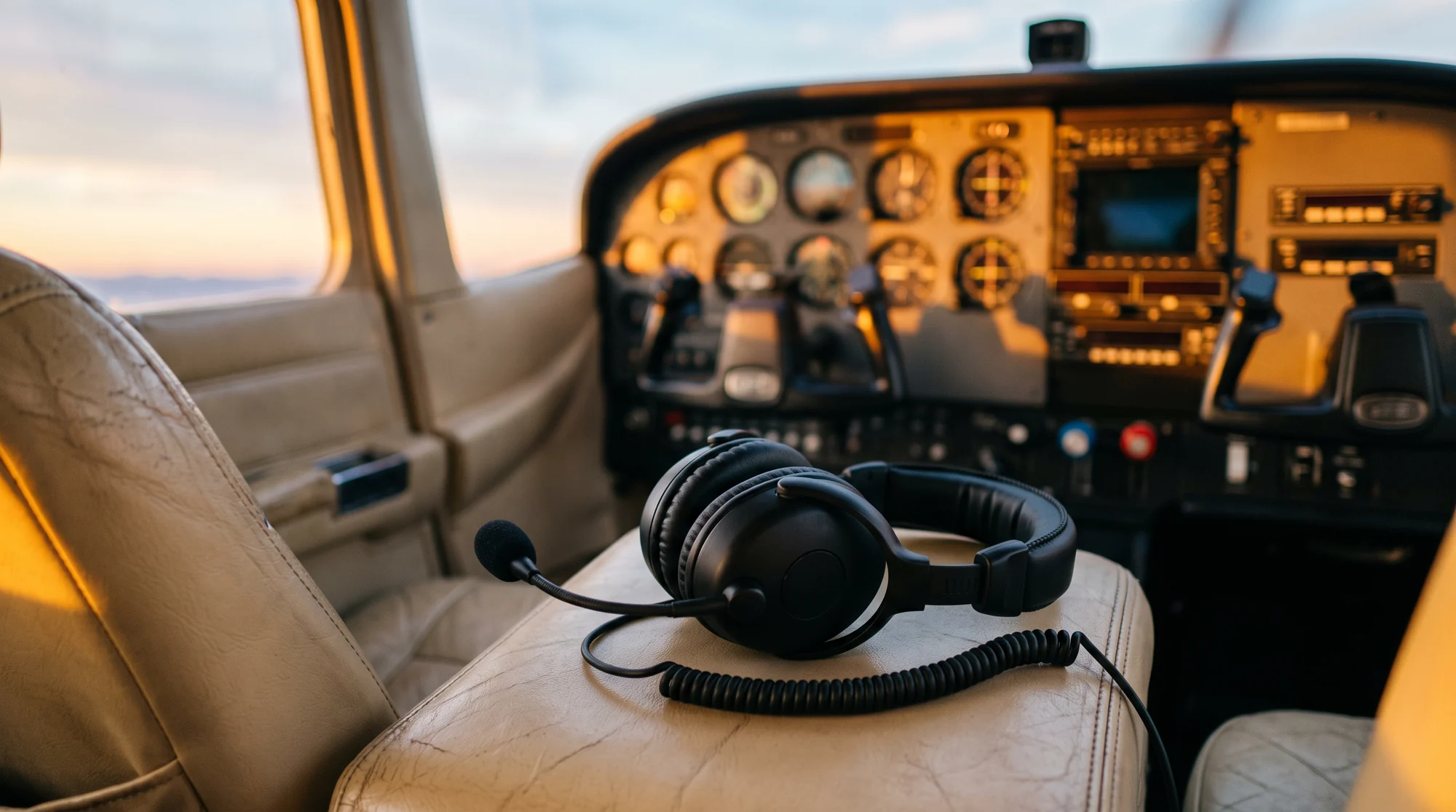 An aviation headset resting on a pilot's seat in a light aircraft cockpit at sunrise
