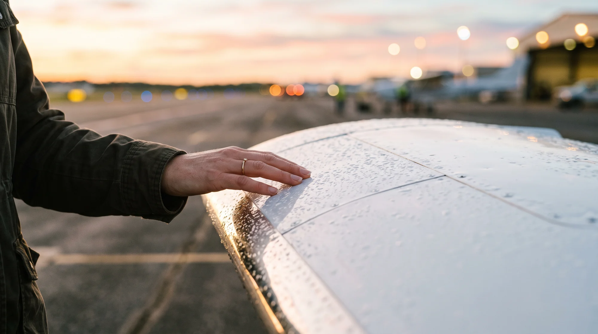 A hand on the leading edge of a wing during a dawn walkaround